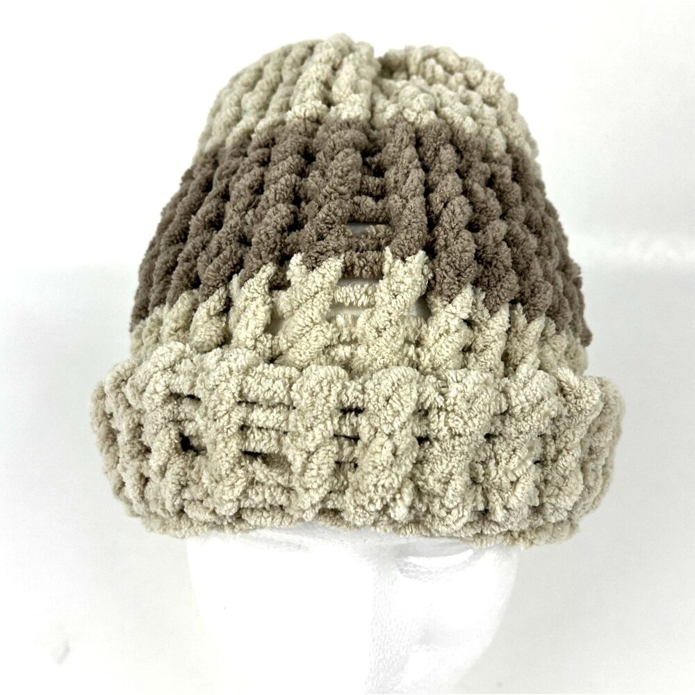Chunky Chenille Crochet Beanie Slouchy Cuffed Earth tones Ribbed Brim Striped